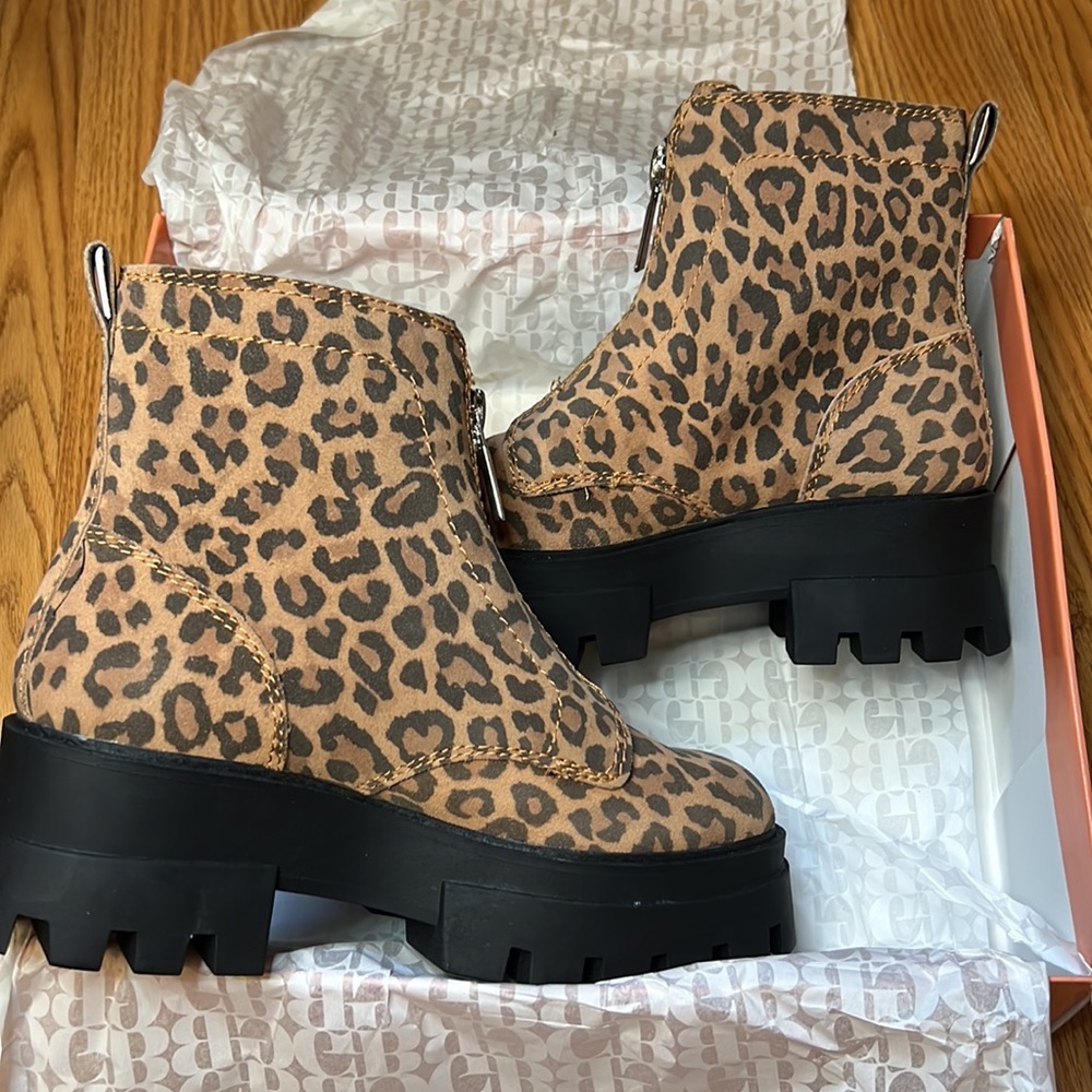 GB All-Star Leopard Print Suede Center Zip Chunky Lug Sole Platform Booties